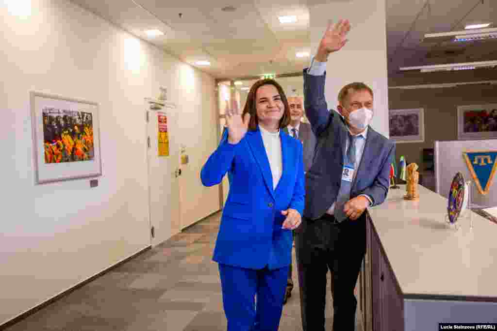INTERNAL USAGE ONLY -- CZECH REPUBLIC – Belarusian opposition leader Svyatlana Tsikhanouskaya during visit at RFE/RL Headquarters in Prague, June 8, 2021 (permission to be requested at Photo Desk)