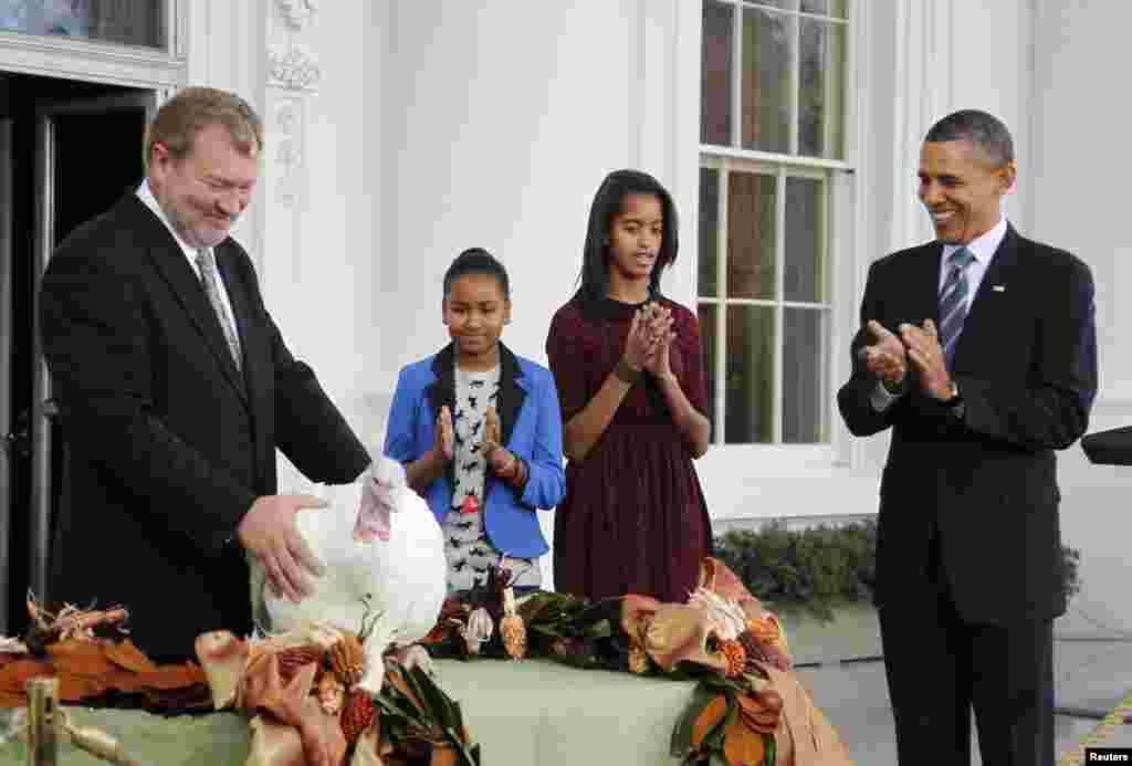 SAD - Predsjednik Obama sa kćerkama na tradicionalnom pomilovanju purice za Thanksgiving, Washington, 23.11.2011. Foto: Reuters / Jason Reed