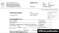 Sudski dokument o Rahmatu Akilovom osumnjičnom za napad u Stokholmu u petak 7. aprila 2017.