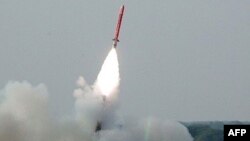 A Pakistani military handout photograph from 2007 shows the nuclear-capable cruise missile Babur (Hatf VII) being test-fired from an undisclosed location.