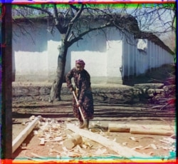 Плотник снимает кору со свежесрубленного дерева на проселочной дороге в Самарканде