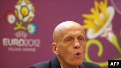 Former Italian referee Pierluigi Collina talks to the press during a workshop before the Euro 2012 tourney in Warsaw in May.