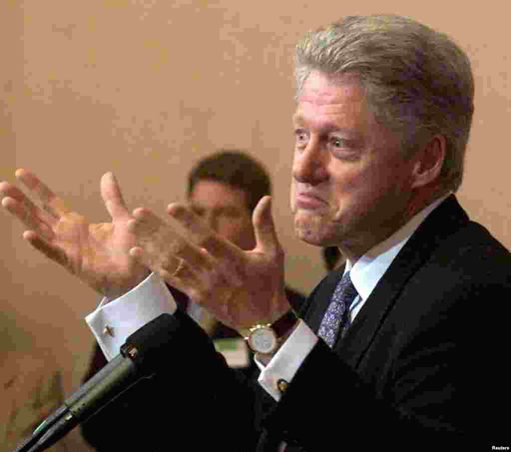 U.S. President Bill Clinton reacts to a question after discussing reports that North Korea had developed a secret underground nuclear complex.