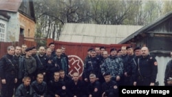 The self-proclaimed governor of the Donetsk region, Pavel Gubarev (first row, third from left), as a Russian nationalist. 