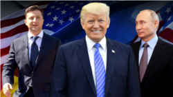 A combination photo of Ukrainian President Volodymyr Zelensky (left), U.S. President Donald Trump (center) and and Russian President Vladimir Putin