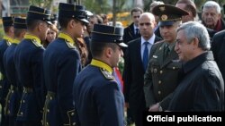 Greece - Armenian President Serzh Sarkisian speaks with Armenian cadets studying in Greek military academies, Athens, 16Mar2016.