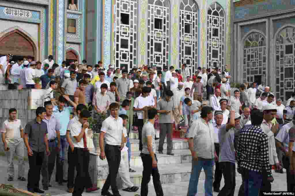 People gather for prayers at a mosque in the Tajik capital, Dushanbe.