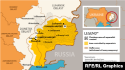 Approximate boundaries in eastern Ukraine's conflict area as of February 20. Buffer zone according to the February 15 cease-fire.