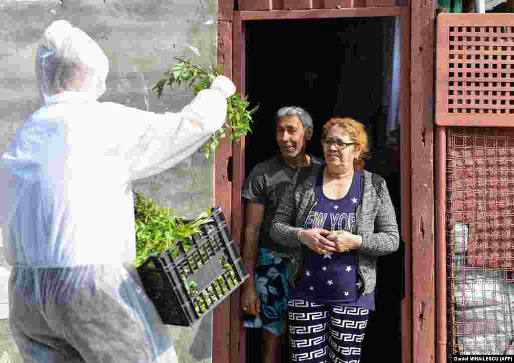 A Romanian Orthodox priest with a face mask distributes willow branches on Easter Sunday after a religious service held behind closed doors due to the social-distancing rules amid the spread of the coronavirus. (AFP/Daniel Mihailescu)