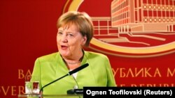 Cancelarul Angela Merkel în cursul vizitei la Skopje în MAcedonia, septembrie 2018