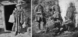 Представительница общины хевсуров (слева), сфотографированная в 1881 году, и хевсурские воины в 1901 году.