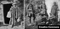 Представительница общины хевсуров (слева), сфотографированная в 1881 году, и хевсурские воины в 1901 году.