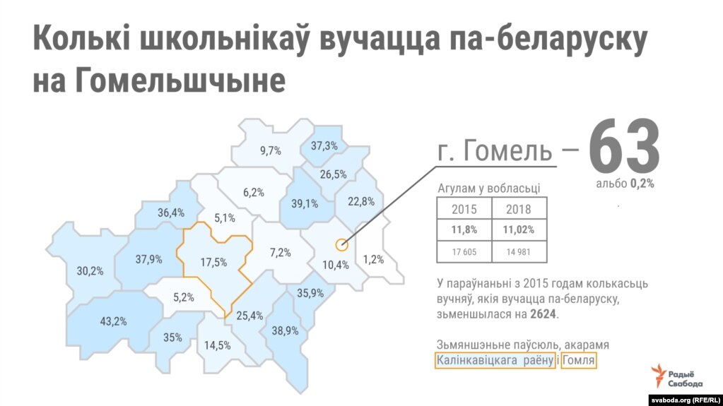 Школьнікі, якія вучацца па-беларуску ў Гомельскай вобласьці. Інфаграфіка