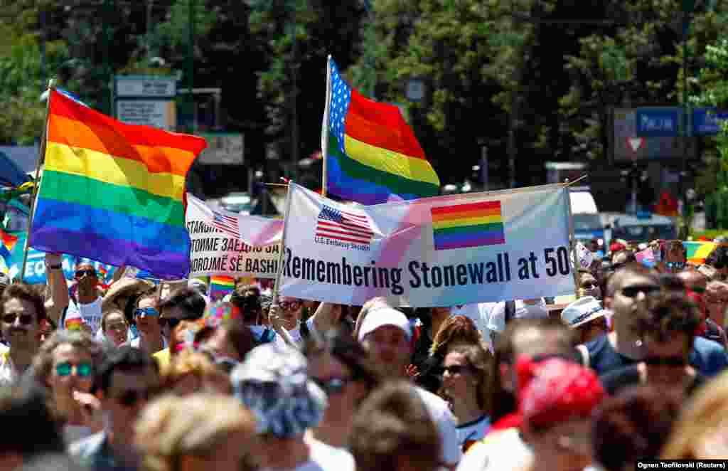 Members of the LGBT community march in&nbsp;North Macedonia&#39;s first gay-pride parade in Skopje on June 29, 2019.