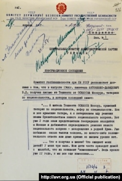 Повідомлення КДБ про листування кримського татарина Османова з письменником Антоненко-Давидовичем