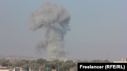 An image of one of the air strikes to have hit the village of Kafranbel on December 4.