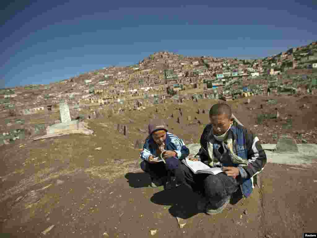 Afghan boys study their school books amidst the graves in a cemetery in the capital, Kabul. - Photo by Ahmad Masood for Reuters 