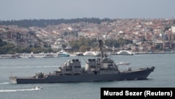 The U.S. Navy guided-missile destroyer USS Porter sails in the Bosphorus on its way to the Mediterranean Sea in August 2019.