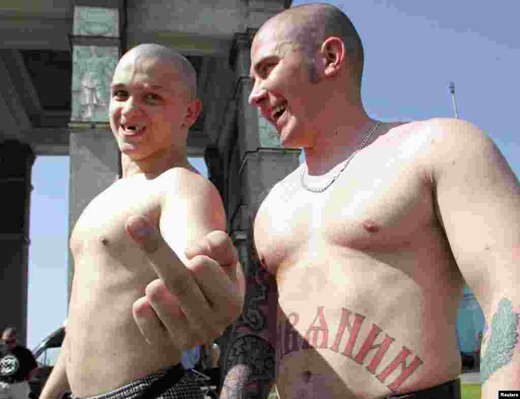 Then things changed. In 2006, under the presidency of Vladimir Putin, the small city of Ryazan imposed a ban on &quot;homosexual propaganda.&quot; Gessen says it was &quot;the first law in Russia that actually enshrined second-class citizenship [for LGBT people].&quot; This picture shows skinheads in Moscow preparing to confront a planned gay-rights parade in 2007.&nbsp;