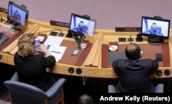 Президент України Володимир Зеленський під час виступу в Раді безпеки ООН через відеозв’язок. Нью-Йорк, 5 квітня 2022 року