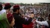 Manzoor Pashteen, leader of the Pashtun Tahafuz Movement, addressing a protest gathering in Peshawar on April 8.