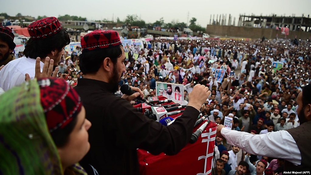 Manzoor Pashteen, leader of the Pashtun Tahafuz Movement, addressing a protest gathering in Peshawar on April 8.