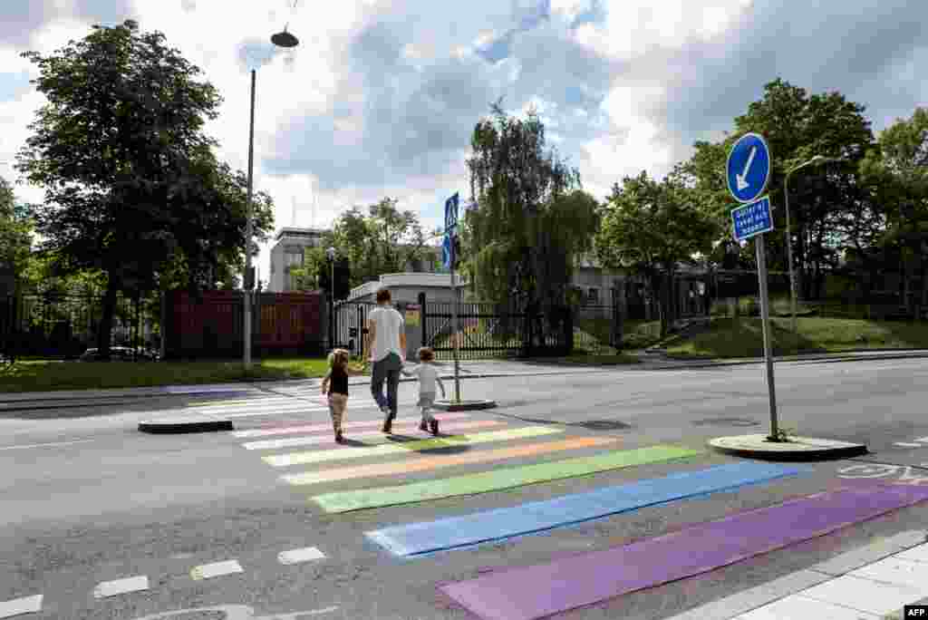A mother and her children walk across a zebra crossing outside the Russian Embassy in Stockholm, where gay-rights supporters have painted it in the colors of the rainbow to protest Russia's law against so-called "homosexual propaganda." (AFP/Christine Olsson)