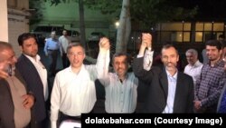 Former Iranian president Mahmoud Ahmadinejad (C) with former Iranian Vice President Hamid Baghei(R) and former head of Iran’s presidential office, Esfandiar Rahim Mashaie (L), July 2017 