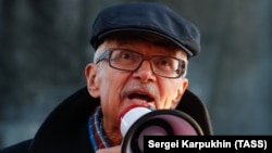 Eduard Limonov speaks during a rally in Moscow on July 31, 2019.