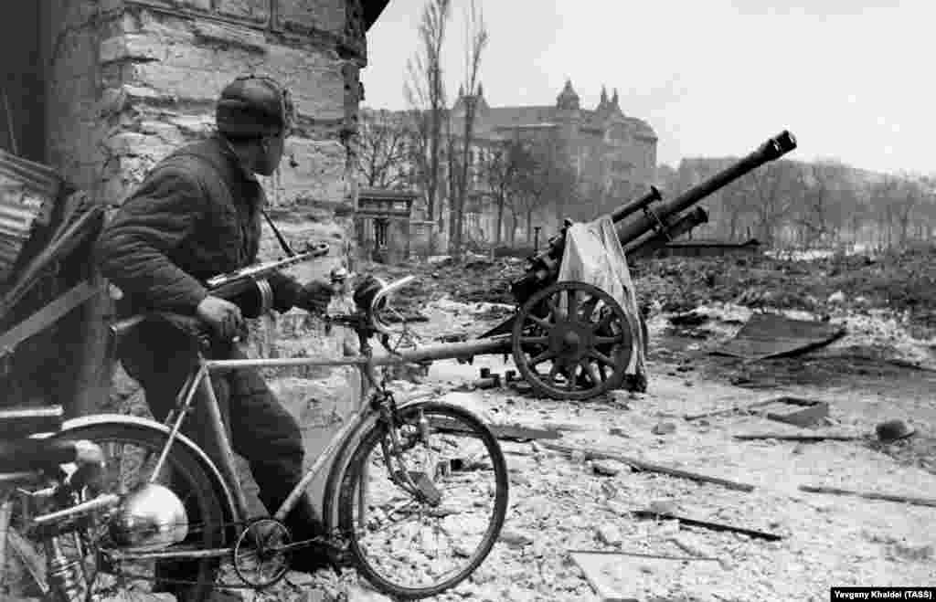 A Red Army soldier in the war-ravaged center of Budapest in 1945. 