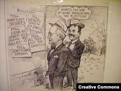 Трумэн озабоченно смотрит на результаты опросов. "Что толку устраивать выборы?" – весело говорит ему Дьюи. Карикатура Клиффорда Бэрримана