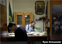 Alyssa Haughwout (left) and Jack Sedorowitz at the Lipka Tatar community's mosque in Brooklyn