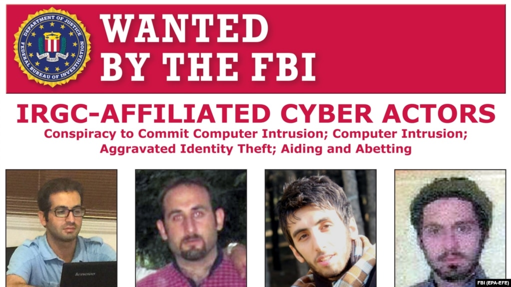 File photo -- FBI image shows a wanted poster of Iranian cyber suspects who are wanted by the FBI for their alleged involvement in criminal activities to include computer intrusion. February 2019.