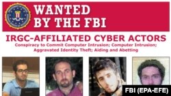 File photo -- FBI image shows a wanted poster of Iranian cyber suspects who are wanted by the FBI for their alleged involvement in criminal activities to include computer intrusion. February 2019.