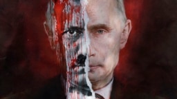 Un poster care îl înfățișează pe președintele rus Vladimir Putin, asemănat cu dictatorul nazist Adolf Hitler, este afișat în timpul unui protest în fața ambasadei ruse din Letonia, la Riga, 17 martie 2022.