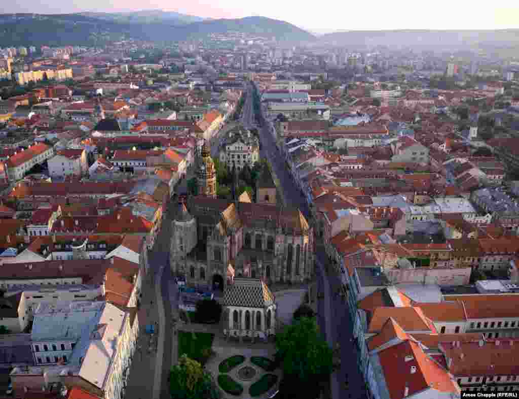 Kosice, Slovakia. The main boulevard of Kosice looks like it was unzipped just wide enough to fit St. Elizabeth Cathedral.