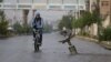 A resident rides his bicycle near what activists said was an exploded cluster bomb shell in the town of Douma, north-east of Damascus in November.