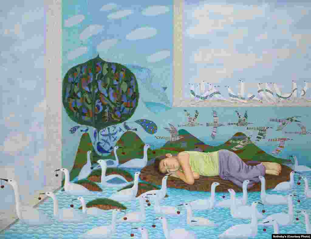 “Untitled (from Dream Series),” a 2010 work by Uzbek artist Jamol Usmanov (b. 1961). Dreams and other images from Sufi poetry are a recurrent theme in Usmanov’s paintings.