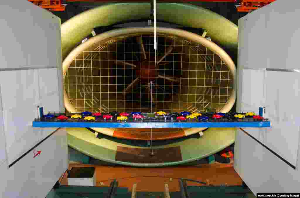 A mockup of a section of the bridge is seen in a wind tunnel. The Kerch Strait is a notoriously difficult place to build, with undersea mud volcanoes, seismic activity, and drifting ice floes in winter.