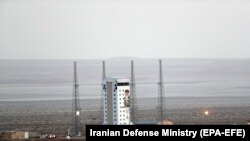 An Iranian rocket prepared to launch a satellite at Imam Khomeini Spaceport in Semnan province, February 9, 2020