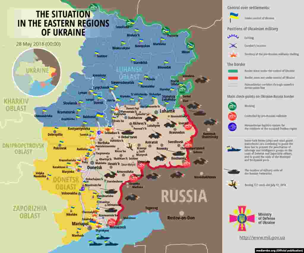 UKRAINE -- ENGLISH Map: The situation in a combat zone at Donbas, 28May2018