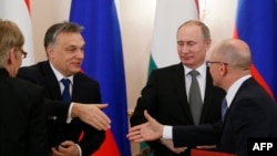 Russian President Vladimir Putin (2nd right) looks on as Hungary's Prime Minister Viktor Orban (left) shakes hands with Russia's nuclear agency Rosatom head Sergei Kiriyenko (right) during a meeting at the Novo-Ogaryovo residence outside Moscow on January 14.