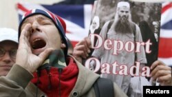 A demonstrator from the far-right English Defence League shouts during a protest calling for the deportation of Jordanian cleric Abu Qatada outside the Home Office in London on April 17.