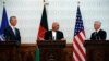 Afghan President Ashraf Ghani (C), U.S. Defense Secretary James Mattis (R) and NATO Secretary-General Jens Stoltenberg during a news conference in Kabul on September 27.