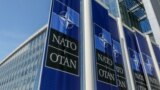 BELGIUM --- NATO banners are displayed in front of the new NATO (North Atlantic Treaty Organization) headquarters in Brussels, April 18, 2018