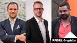 De la stânga la dreapta: primarul Pragăi, Zdeněk Hřib, și ceilalți doi primari de sector Ondrej Kolar și Pavel Novotny