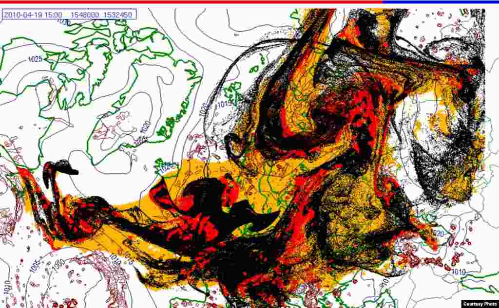 Проектирано движење на исландскиот облак од пепел(19.4. 1500 UTC) - Овие слики покажуваат проекција на движењето на облаците пепел од вулканска ерупција на Исланд низ Европа. Боите на сајтот претставуваат: жолто: пепел што ќе падне сам по себе црвено: пепел што ќе падне од врнежи црна: вистинскиот облак со пепел облак Извор: Норвешки Метеоролошки Институт