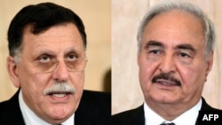 Prim-ministrul libian Fayez al-Sarraj (stânga) și șeful miliției libiene antiguvernamentale Khalifa Haftar