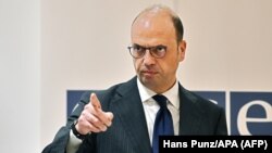 New OSCE Chairman Angelino Alfano gestures during a press conference at OSCE headquarters in Vienna on January 11.