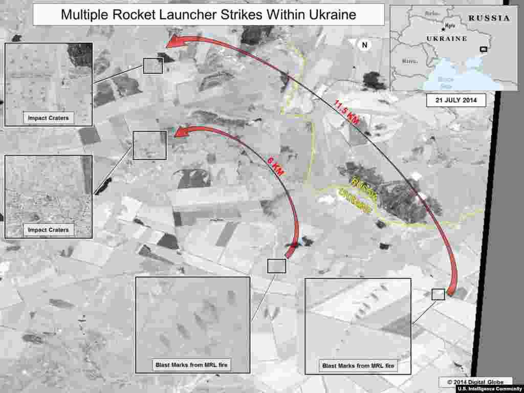 Salve de lansator de rachete multiple - 21 iulie. Această imagine arată urme pe teren la locul unde se află două lansatoare de rachete multiple orientate în direcția unităților militare ucrainene. Zona mai largă de impact în apropiere de unitățile militare ucrainene indică salve trase de lansatoare de rachete multiple. Partea de jos a medalionului craterelor de impact arată impacte în interioriul unui sat învecinat. 